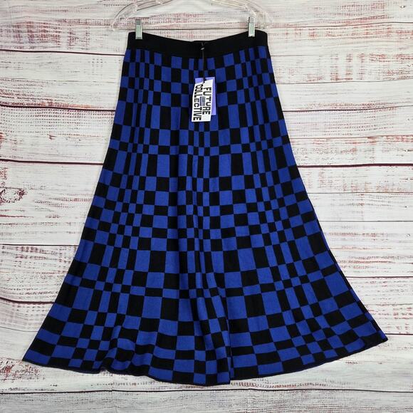 Future Collective Stretch Aline Midi Skirt M Black Blue Check Plaid Party NWT - Picture 2 of 12